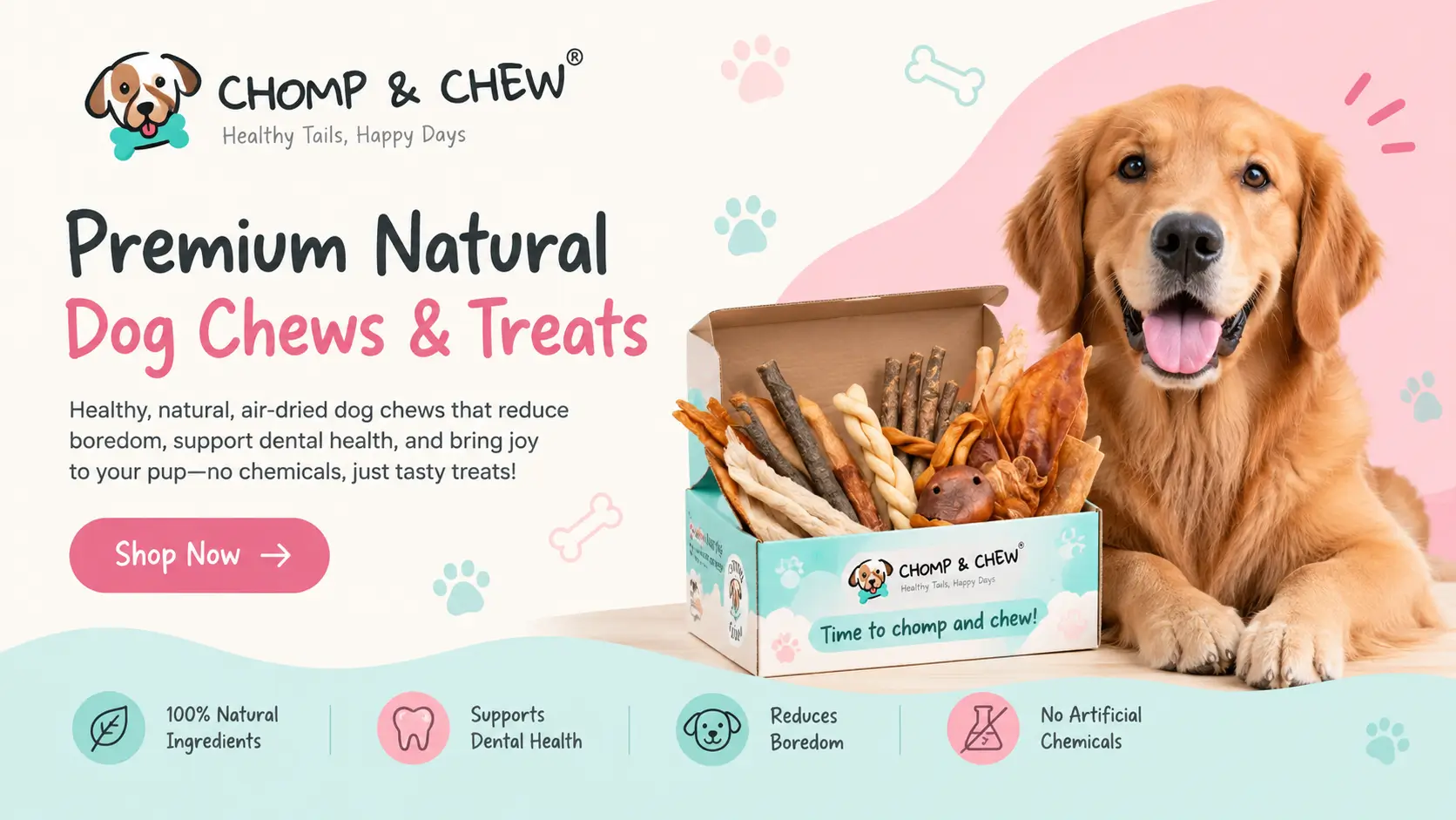 Chomp & Chew natural dog chews and treats banner featuring a golden retriever and assorted dog treats.