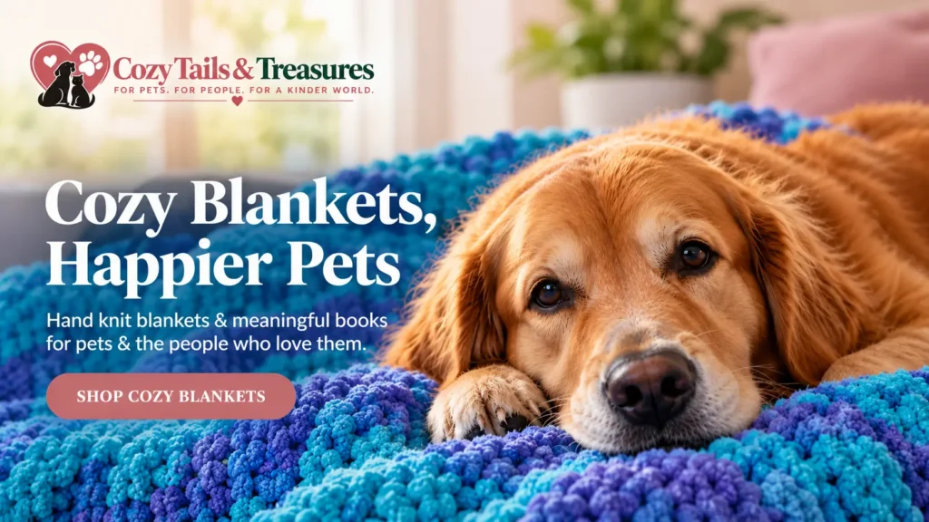 Cozy Tails & Treasures cozy pet blankets featuring a golden retriever resting on a colorful chunky knit blanket.