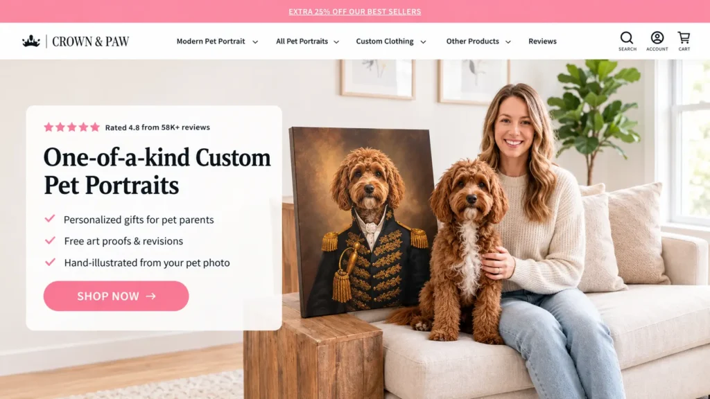 Custom pet portraits by Crown & Paw featuring a pet owner with her dog beside a personalized royal-style dog portrait.