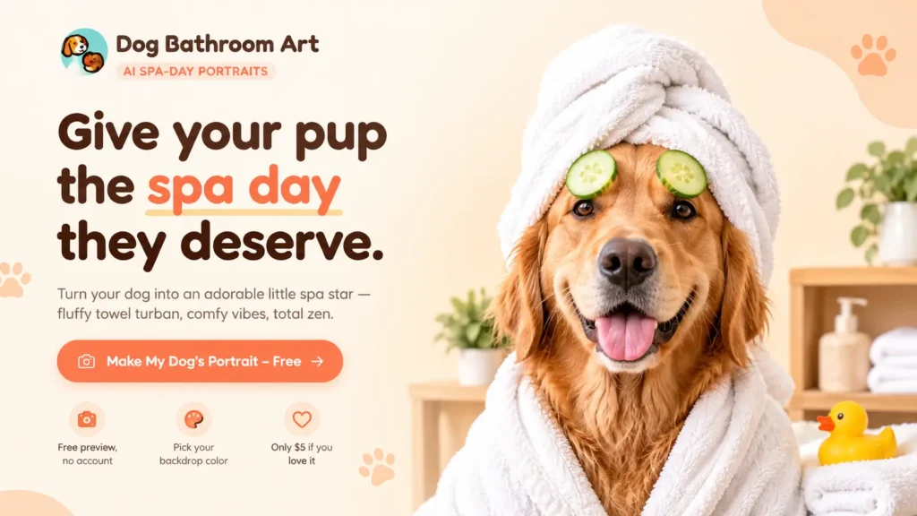 Dog Bathroom Art AI spa-day dog portraits featuring a golden retriever wearing a fluffy towel turban and bathrobe with cucumber slices over its eyes.