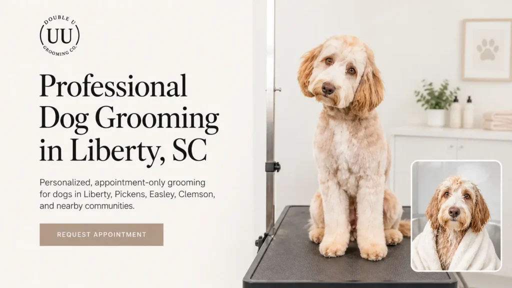 Double U Grooming Co. professional dog grooming in Liberty, SC, featuring a freshly groomed dog in a clean grooming studio.