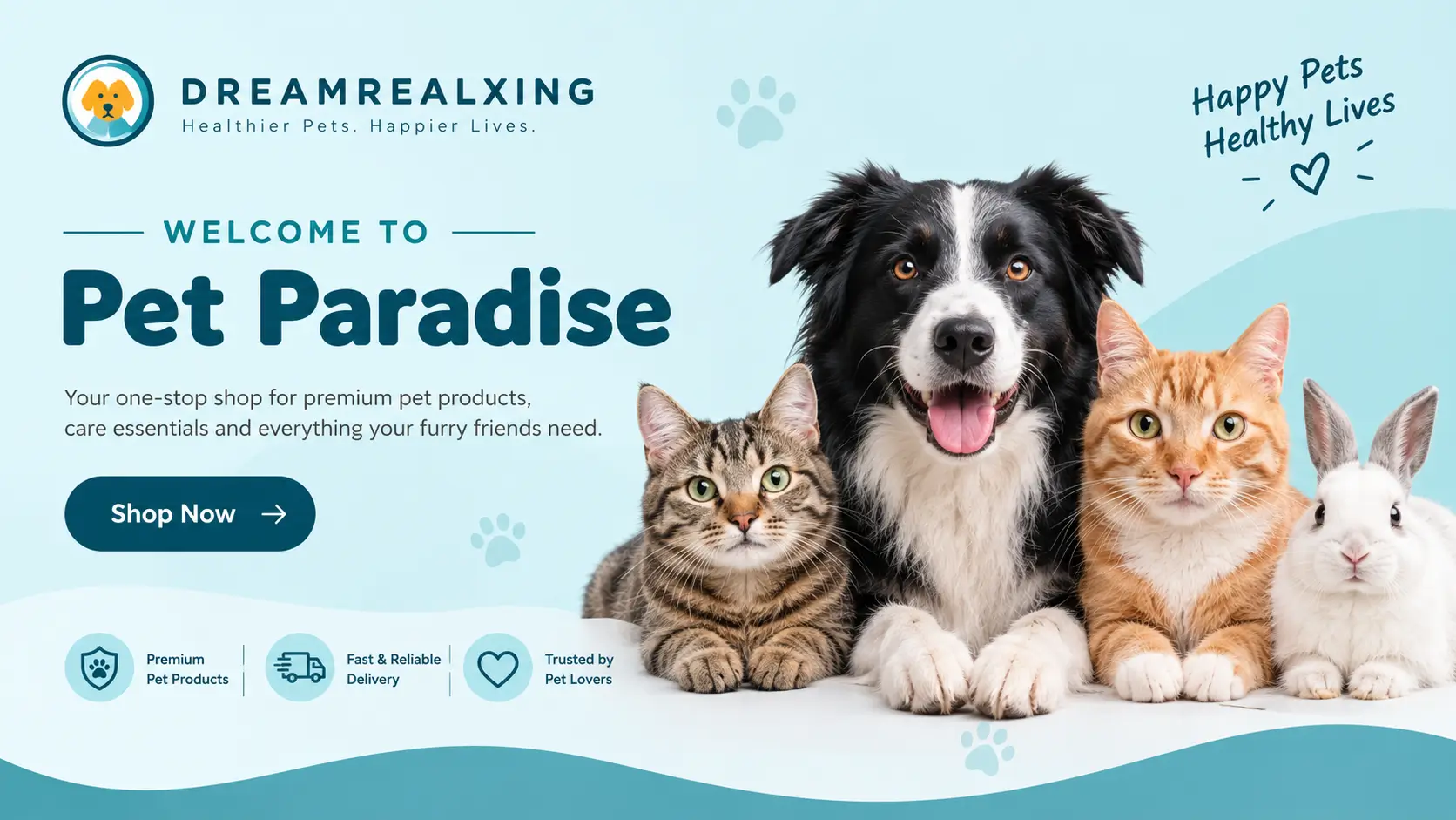 Dream Realxing pet supplies banner featuring a black-and-white dog, tabby cat, orange cat, and white rabbit.