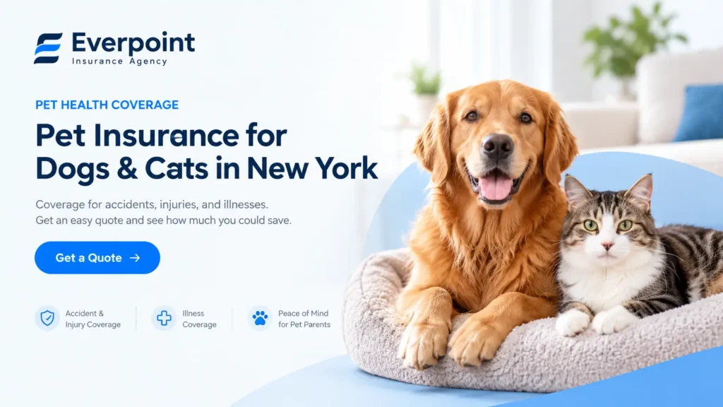 Everpoint pet insurance banner for dogs and cats in New York featuring a golden retriever and cat.