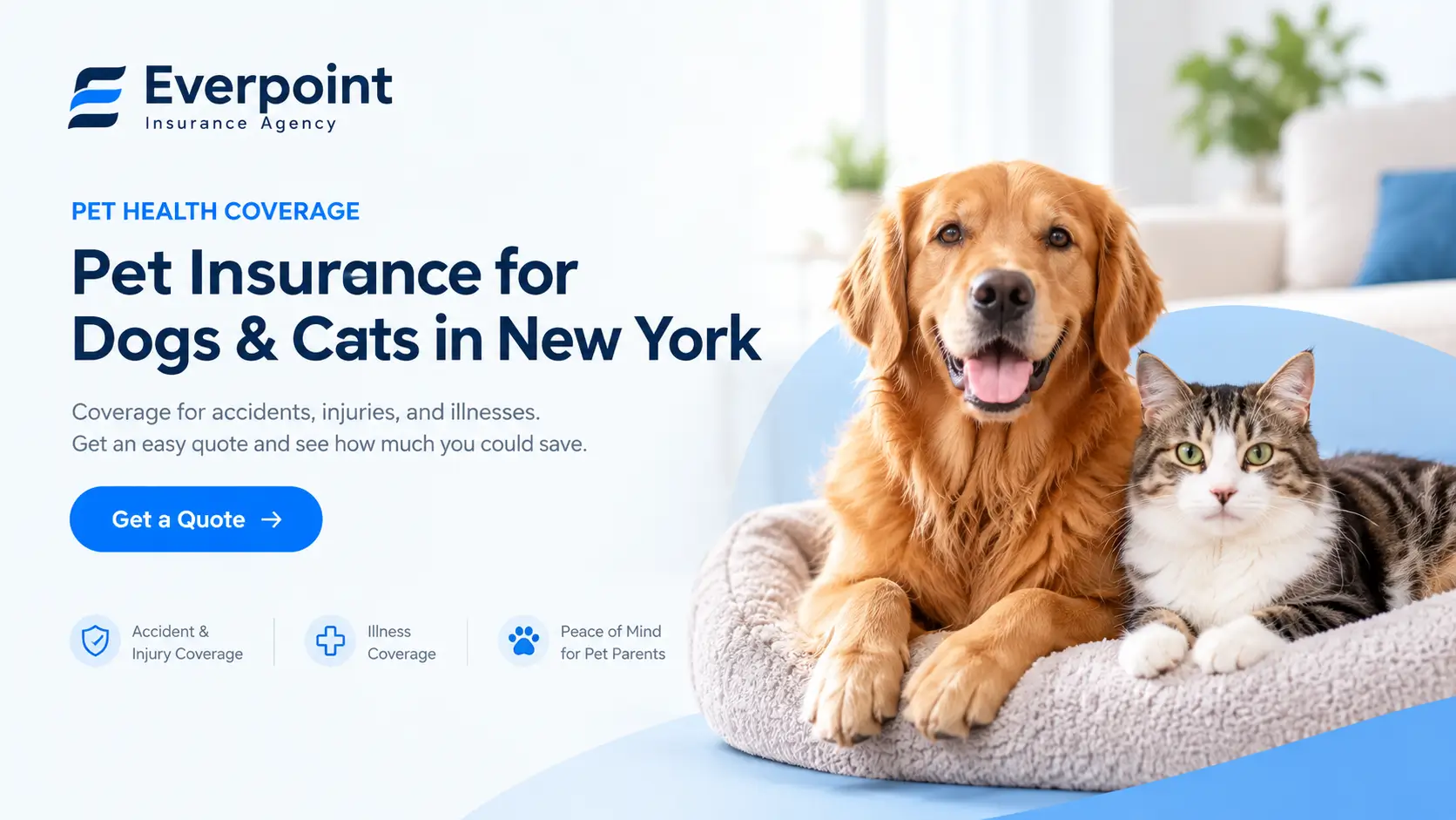 Everpoint pet insurance banner for dogs and cats in New York featuring a golden retriever and cat.