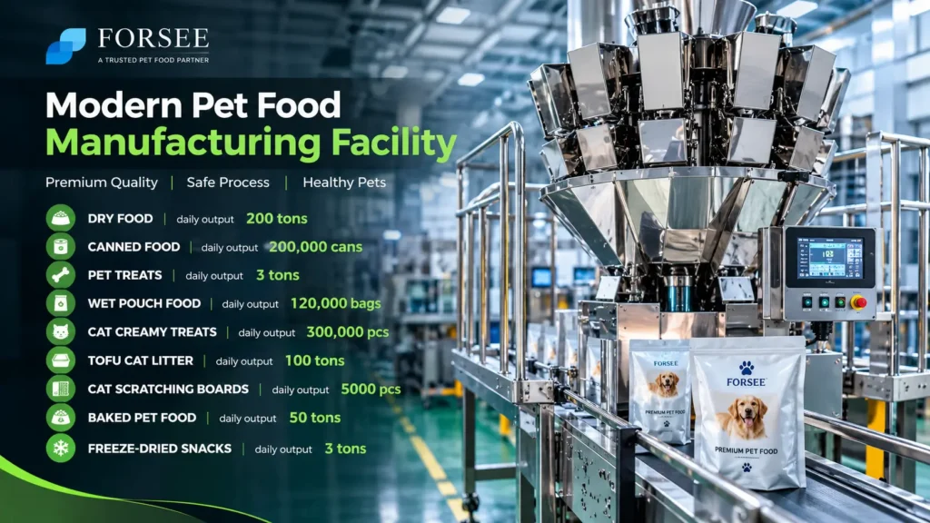 FORSEE Pet Modern pet food manufacturing facility producing dry food, canned food, treats and cat litter