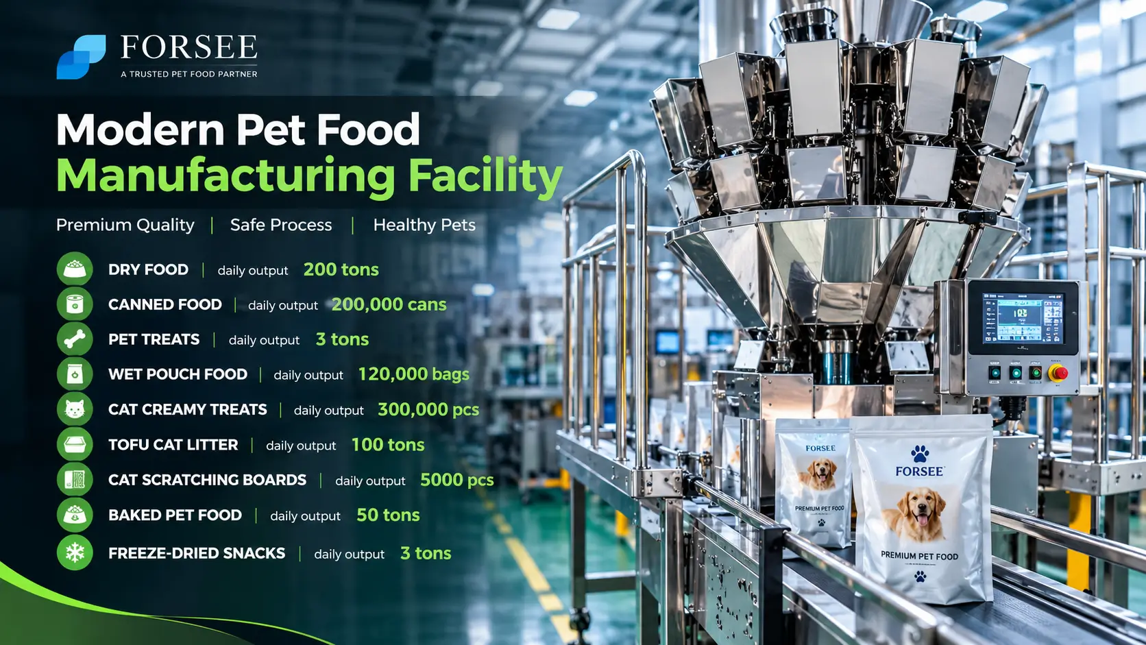 FORSEE Pet Modern pet food manufacturing facility producing dry food, canned food, treats and cat litter