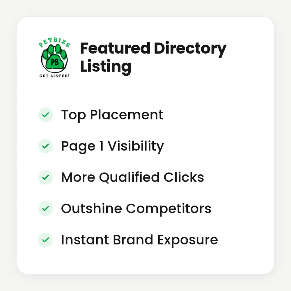 Featured Pet Directory Listing from PETBIZS showing top placement, page 1 visibility, and qualified clicks