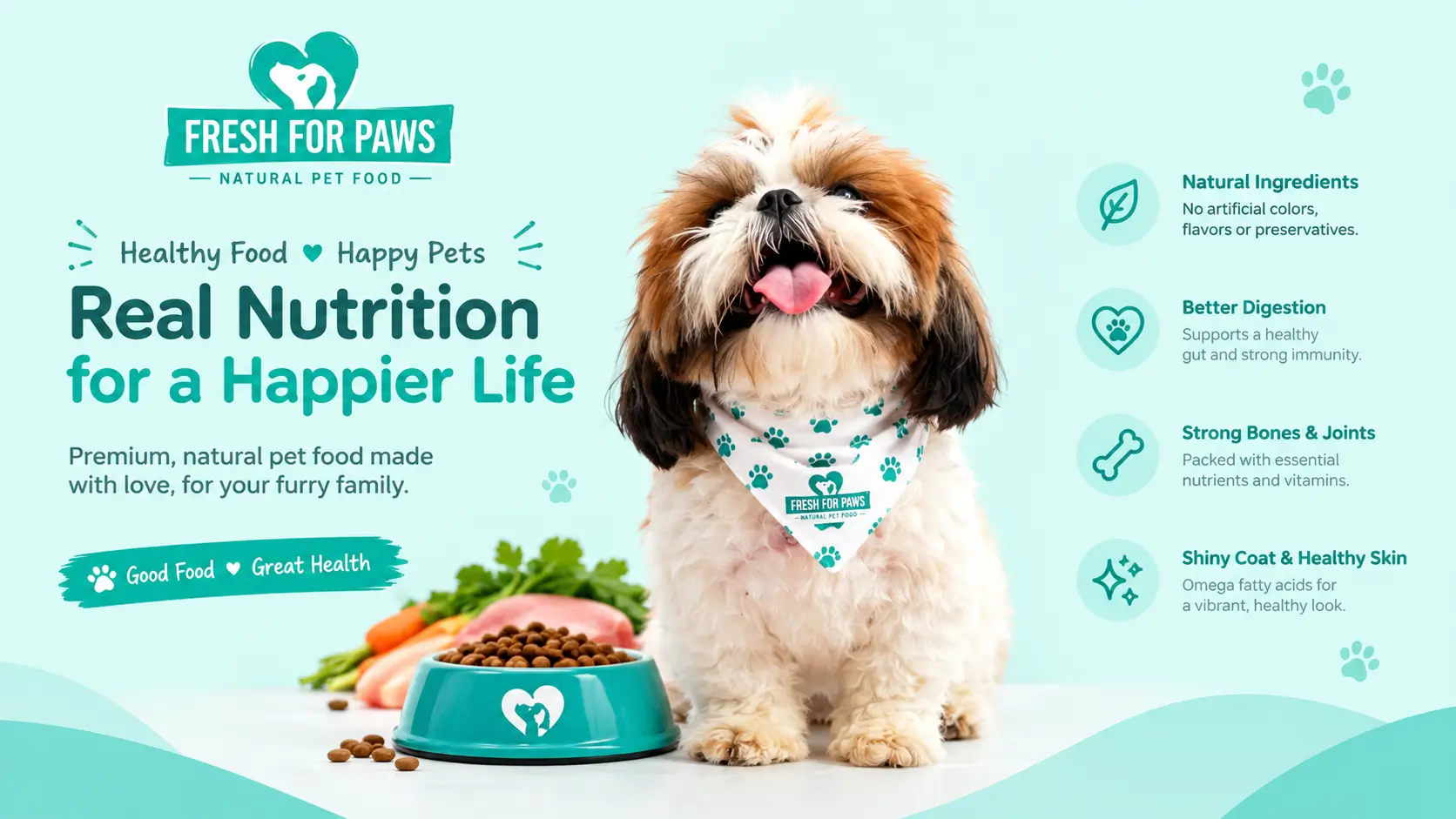 Fresh For Paws natural pet food with a happy dog and healthy nutrition benefits