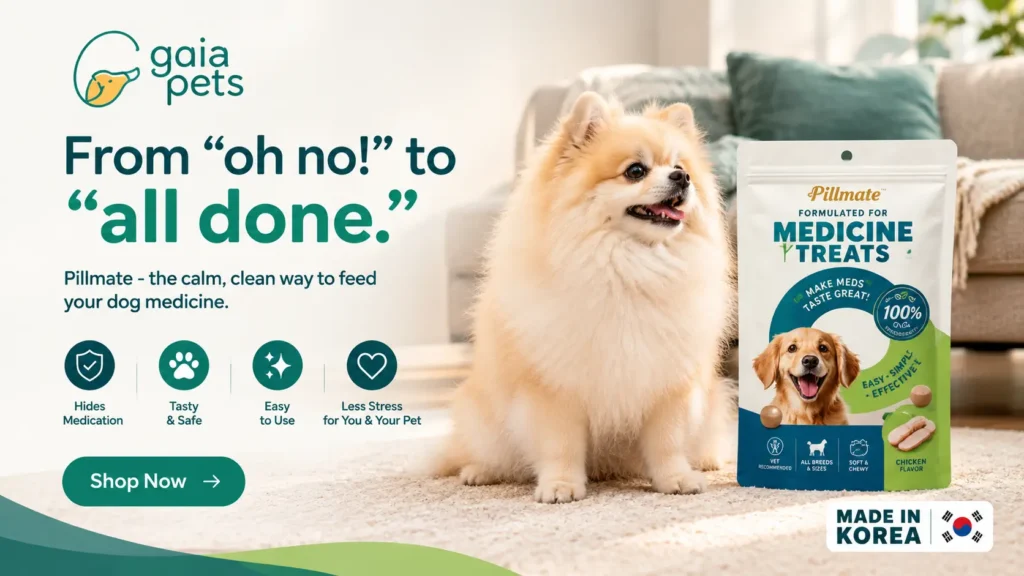 Gaia Pets Pillmate medicine treats for dogs featuring a fluffy Pomeranian and medicine treat packaging.