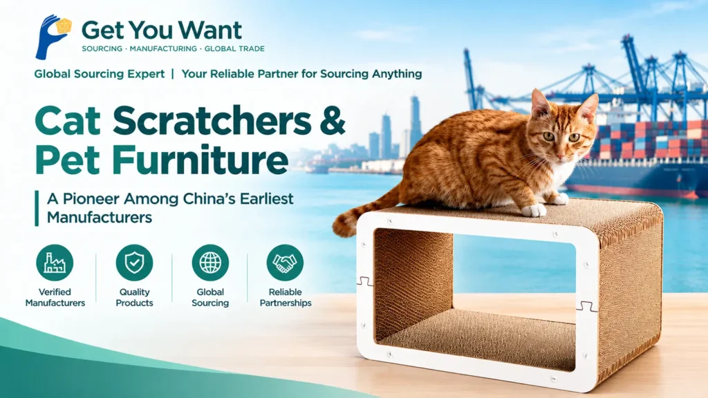 Get You Want LLC: Global Sourcing Expert. An orange tabby cat on a corrugated cat scratcher house with a harbor and container ship behind.