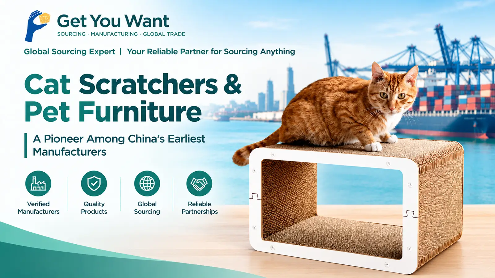 Get You Want LLC: Global Sourcing Expert. An orange tabby cat on a corrugated cat scratcher house with a harbor and container ship behind.
