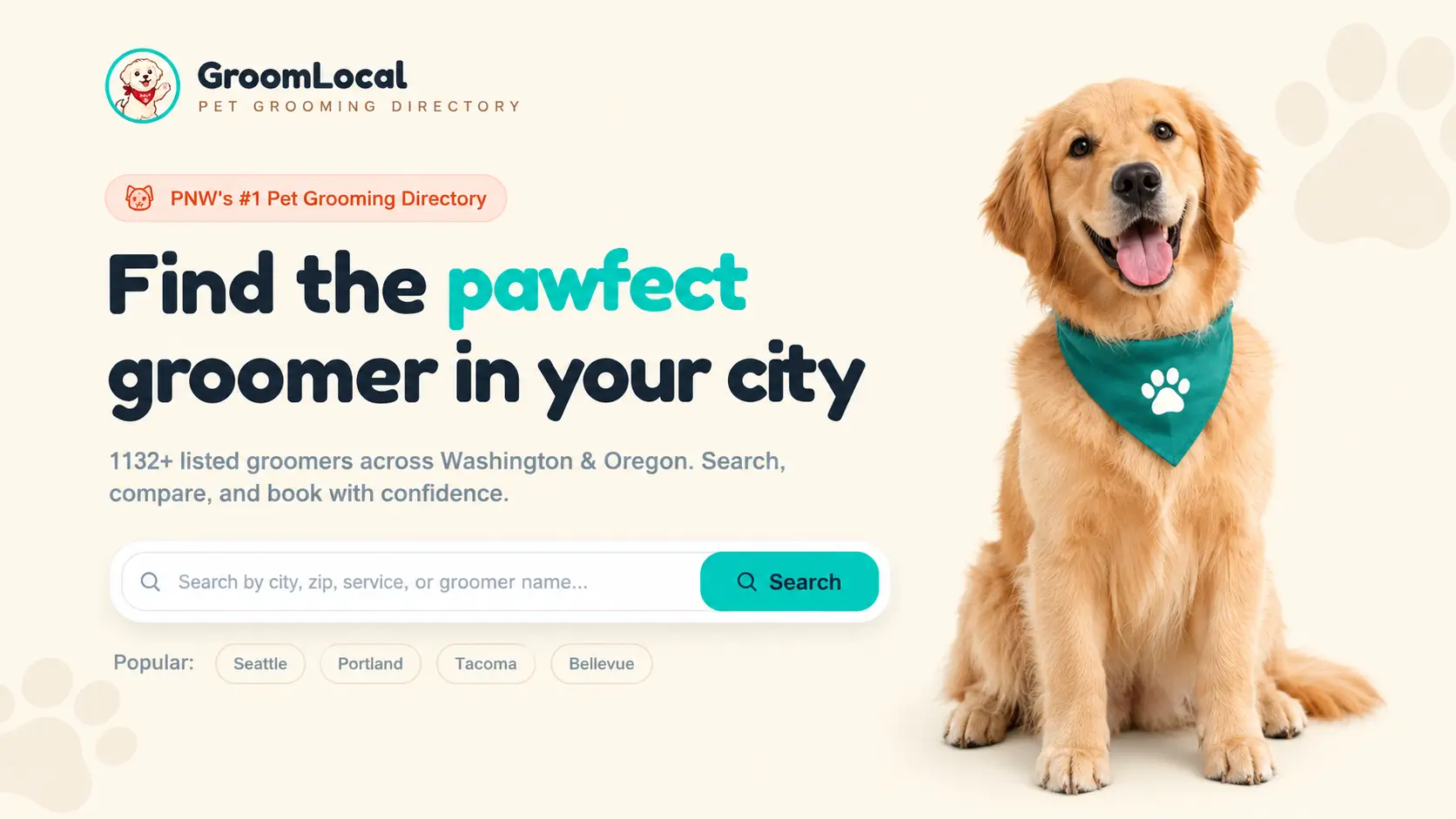 GroomLocal pet grooming directory featuring a golden retriever and groomers across Washington and Oregon