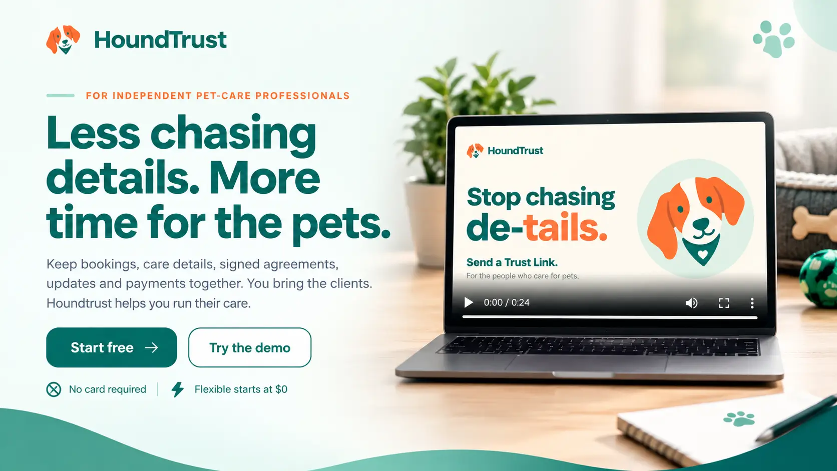 HoundTrust pet care management software website hero banner showing a professional laptop dashboard, pet-care services, and “Less chasing details, more time for the pets” message.