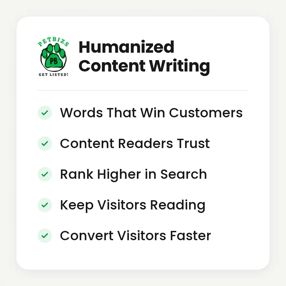 Humanized Pet Content Writing from PETBIZS showing content readers trust, higher search rankings, and faster conversions