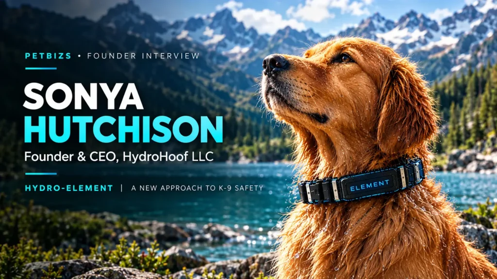 Hydro-Element interview with Sonya Hutchison: a golden retriever wears the collar beside a mountain lake