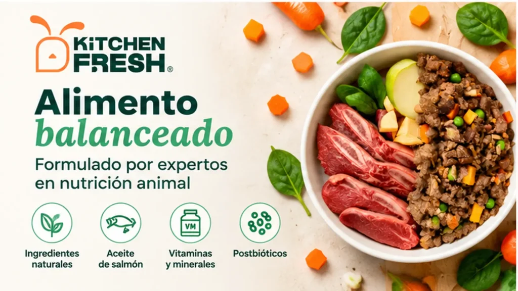 Kitchen Fresh balanced pet food made with natural ingredients, salmon oil, vitamins, minerals, and postbiotics.