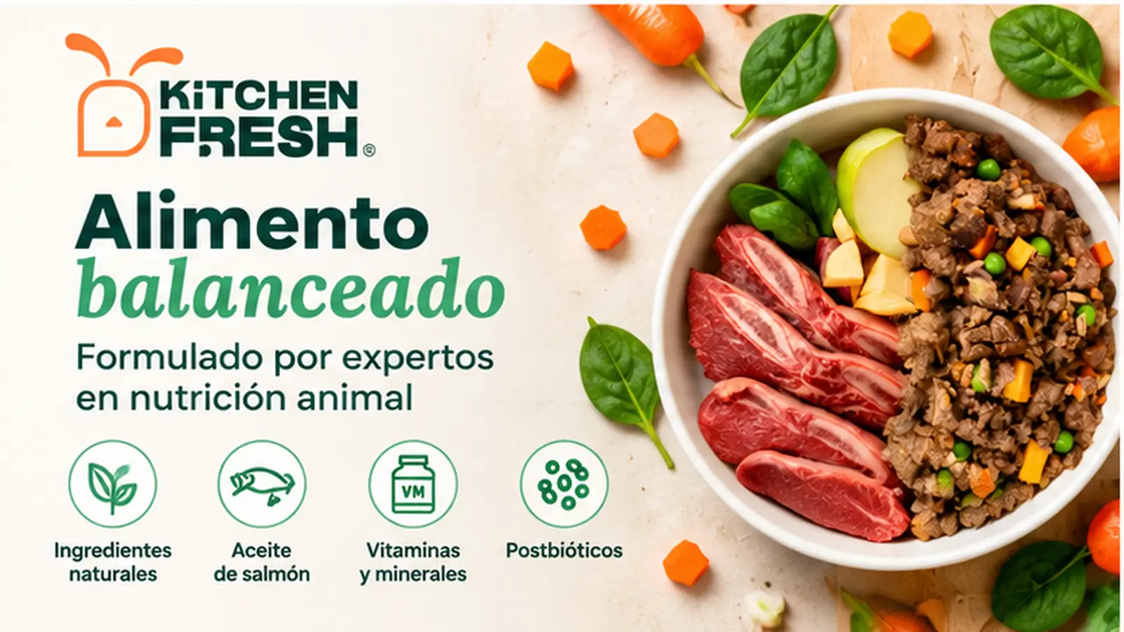 Kitchen Fresh balanced pet food made with natural ingredients, salmon oil, vitamins, minerals, and postbiotics.