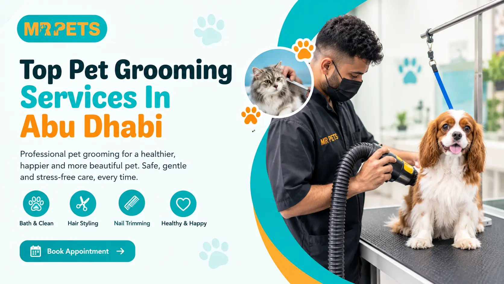 Mr Pets professional pet grooming services in Abu Dhabi featuring dog grooming, cat care, bathing, hair styling, and nail trimming.
