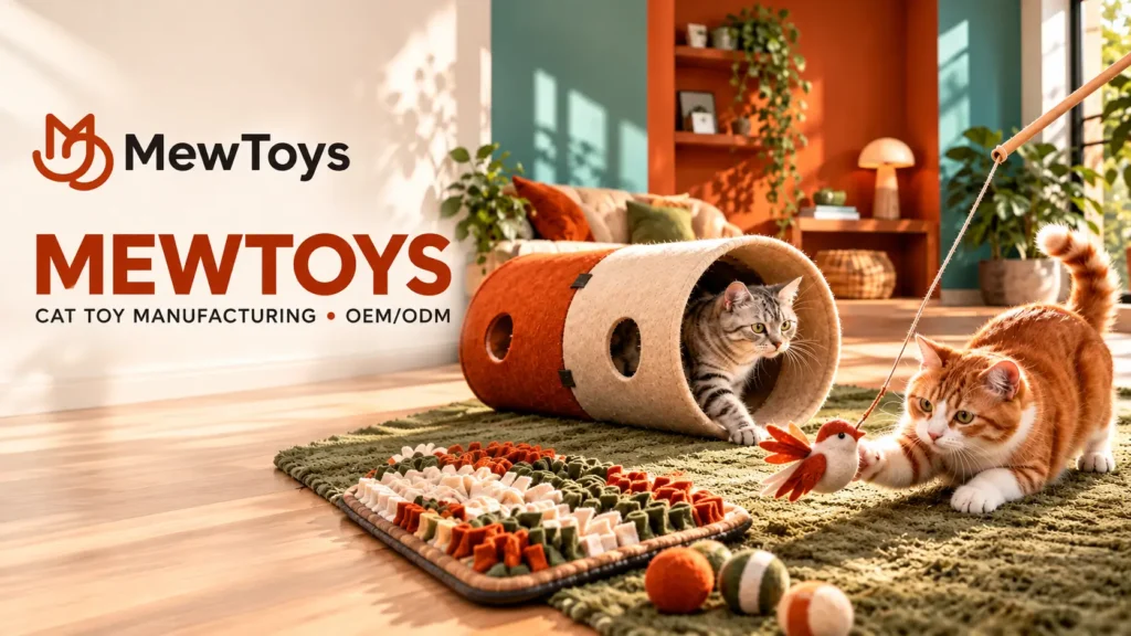 MewToys cat toy manufacturer offering OEM/ODM services with interactive cat toys, felt tunnels, and enrichment mats.