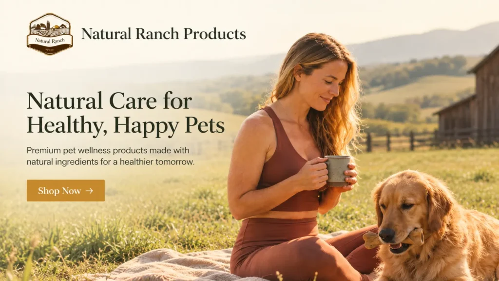Natural Ranch Products pet wellness banner featuring a golden retriever and natural dog care products.