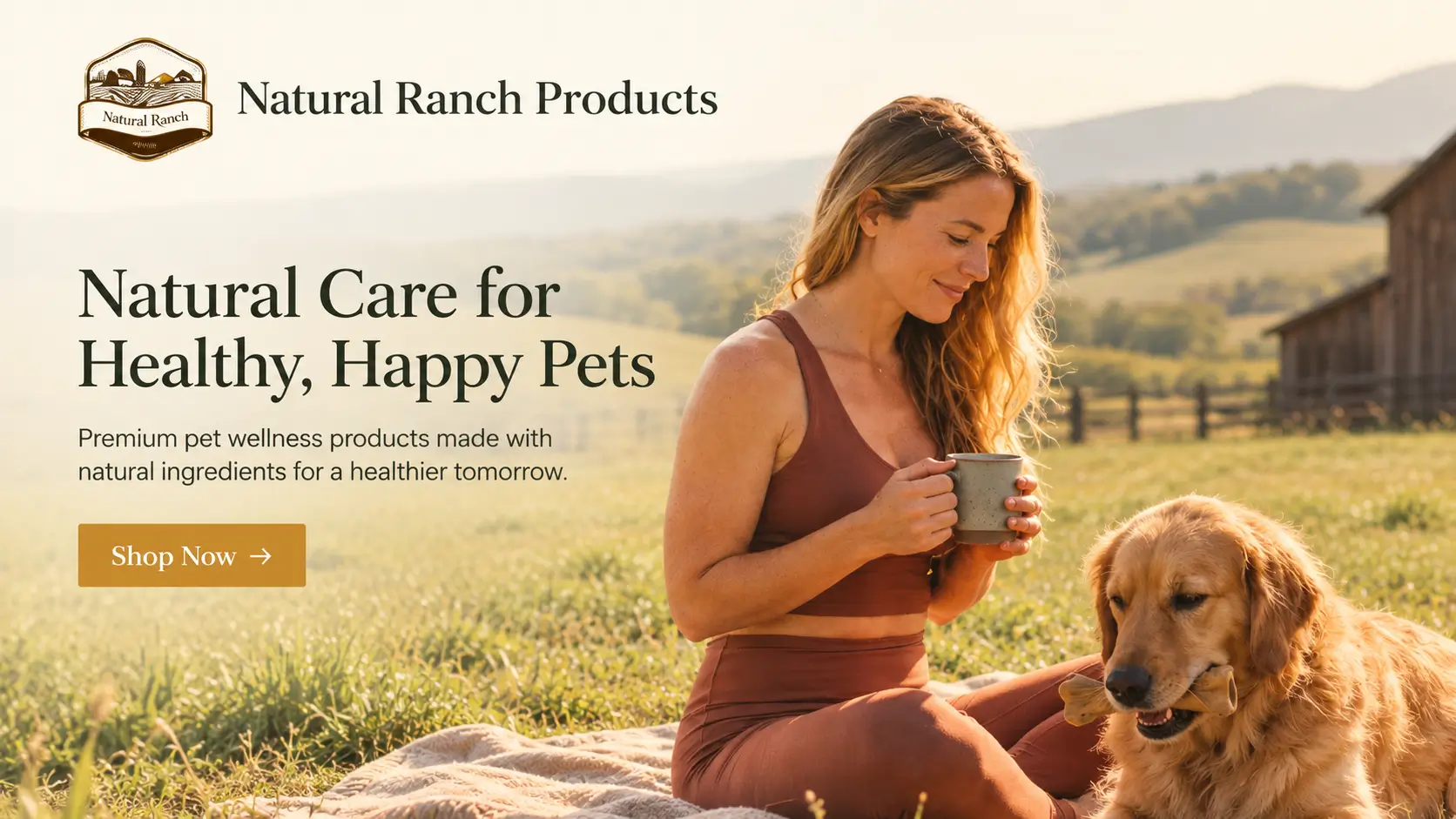 Natural Ranch Products pet wellness banner featuring a golden retriever and natural dog care products.