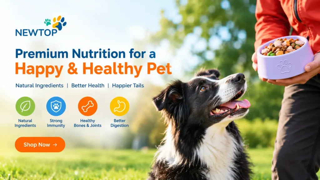 NEWTOP pet products banner featuring a happy dog and a bowl of dog food, promoting pet nutrition, natural ingredients, and pet wellness.