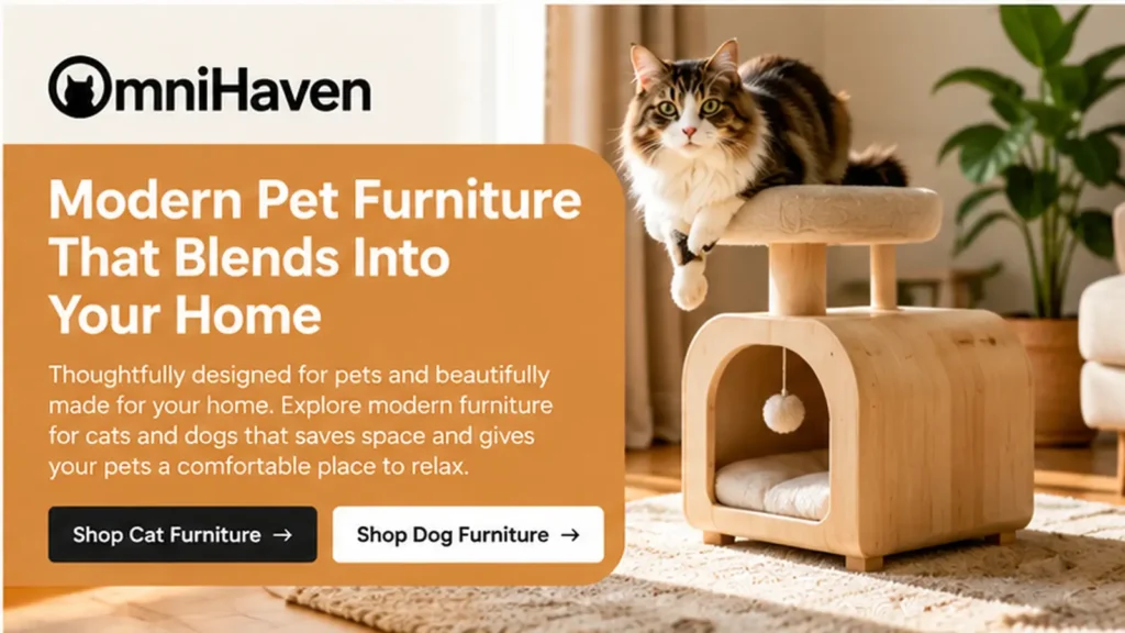 OmniHaven modern pet furniture featuring a stylish wooden cat house, comfortable resting space, and contemporary home-friendly design.