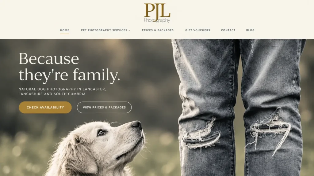PJL Photography natural dog portrait of a white dog looking up at its owner, showcasing pet photography in Lancashire and South Cumbria.