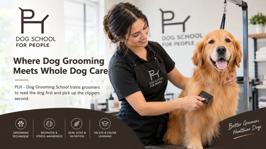 PLH - Dog Grooming School groomer in a black apron brushing a golden retriever on a grooming table