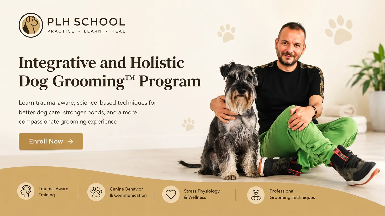 PLH School offers Integrative and Holistic Dog Grooming Program. Sasha Riess, Co-Founder &CEO sitting beside a gray schnauzer.
