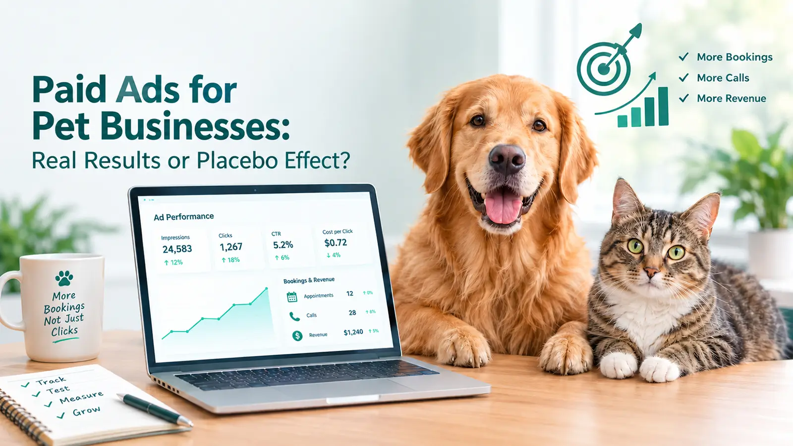Paid ads for pet businesses dashboard showing rising clicks beside a golden retriever and a tabby cat.