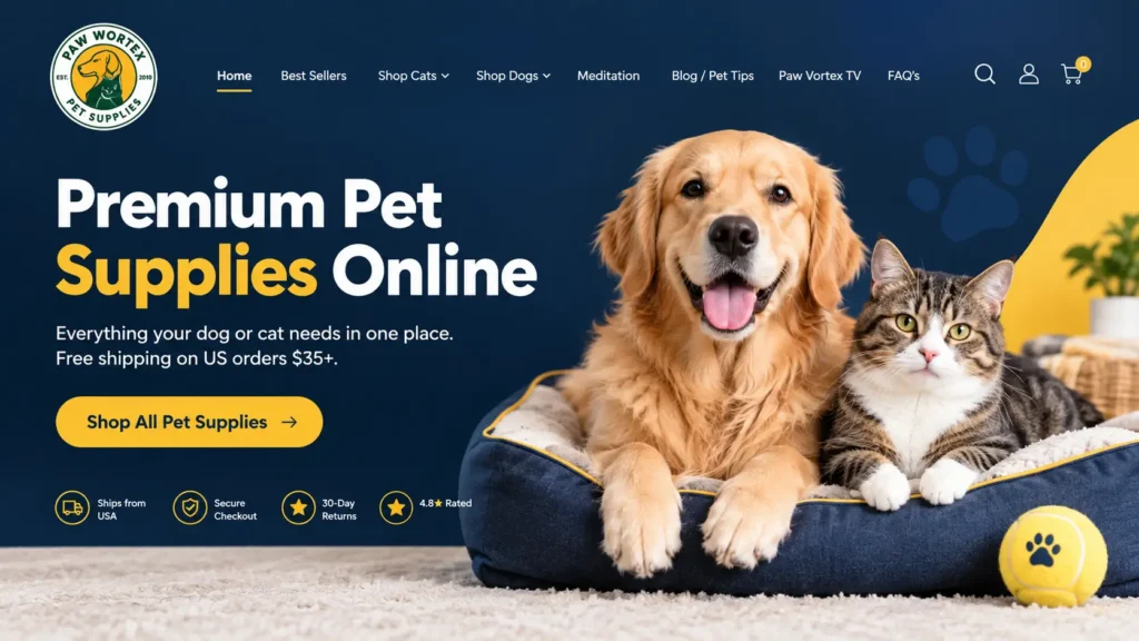 Paw Vortex premium pet supplies online with a dog and cat, featuring pet shopping and trusted delivery services.