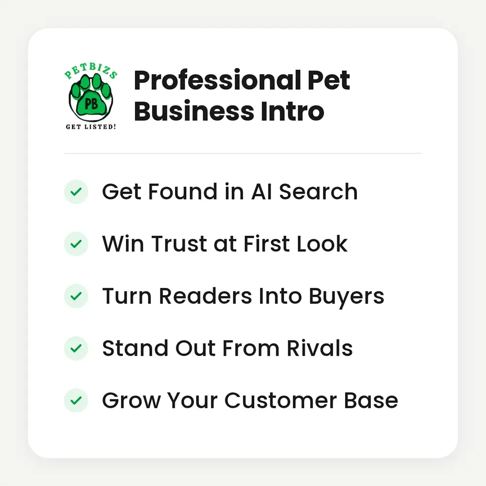 Professional Pet Business Intro from PETBIZS showing AI search visibility, trust, and buyer conversion benefits