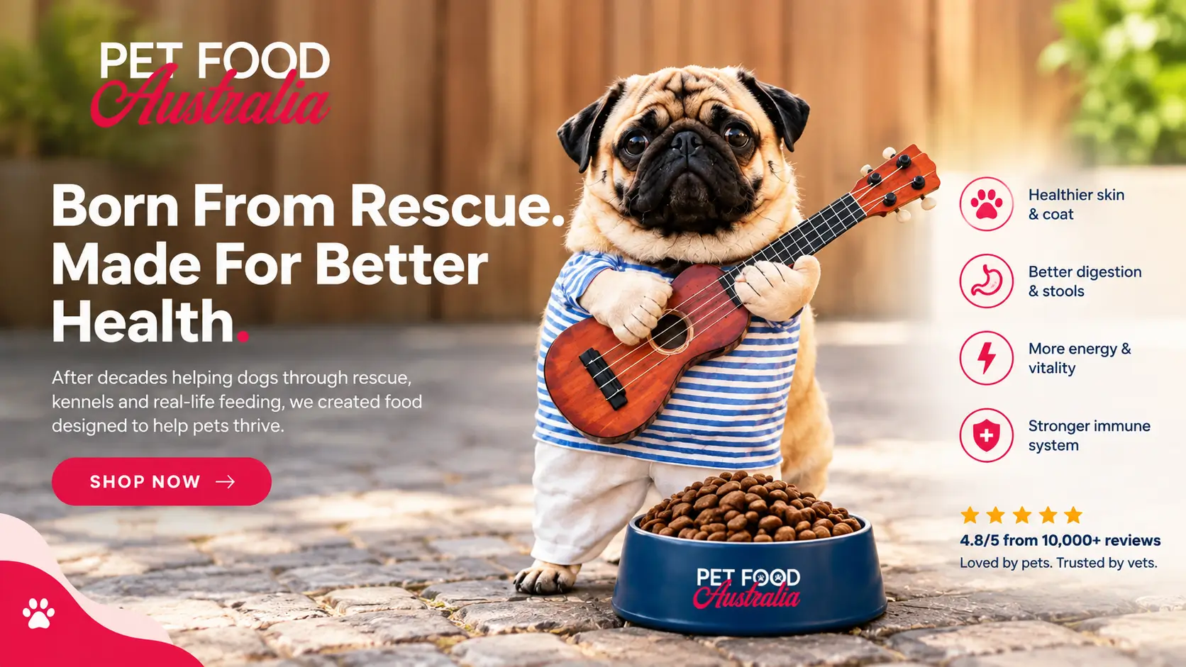 Pet Food Australia premium pet food website banner featuring a rescue pug, dog food bowl, and health benefits for dogs.