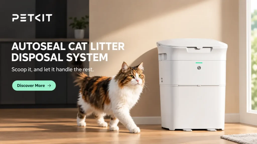 PETKIT automatic cat litter disposal system with cat in modern home