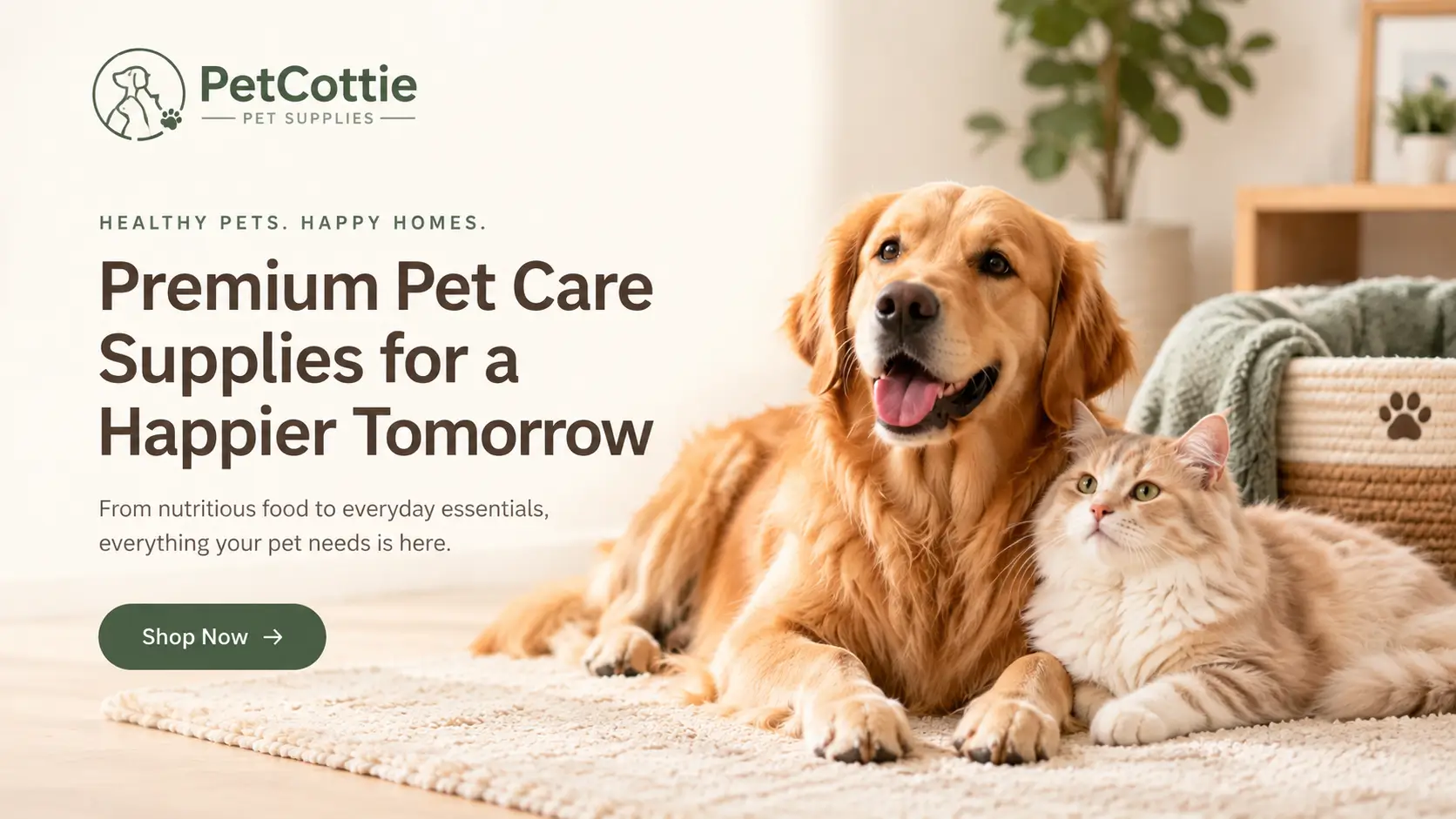 PetCottie premium pet supplies for dogs and cats, featuring a golden retriever and fluffy cat relaxing in a cozy home with comfortable pet essentials.