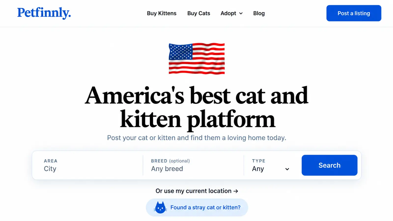 Petfinnly cat and kitten platform homepage with search filters for breed, location, and listing type.