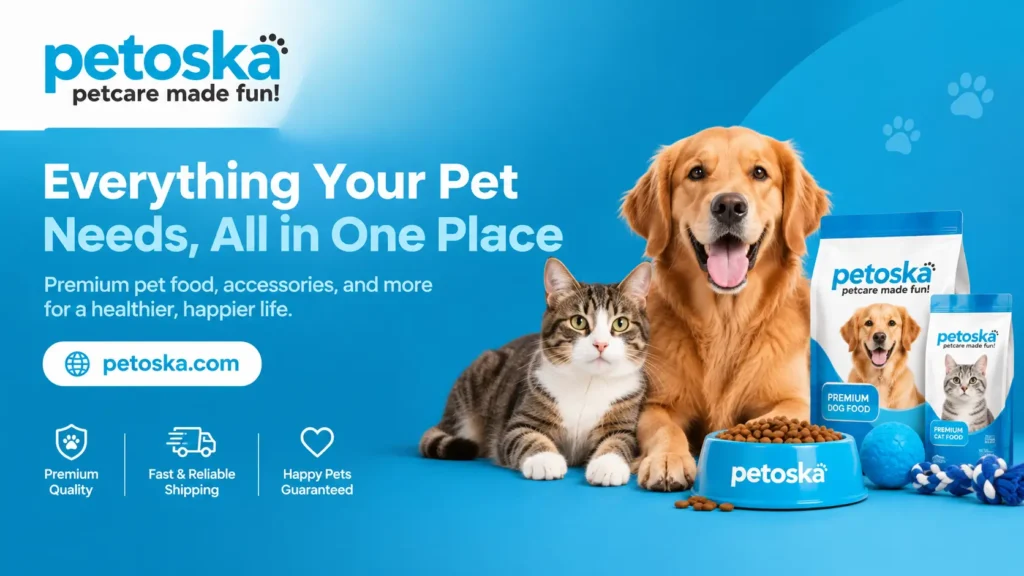 Petoska Pet Directory Banner Shows a dog and cat sitting beside Pet Food and Bowls in a beautiful blue background