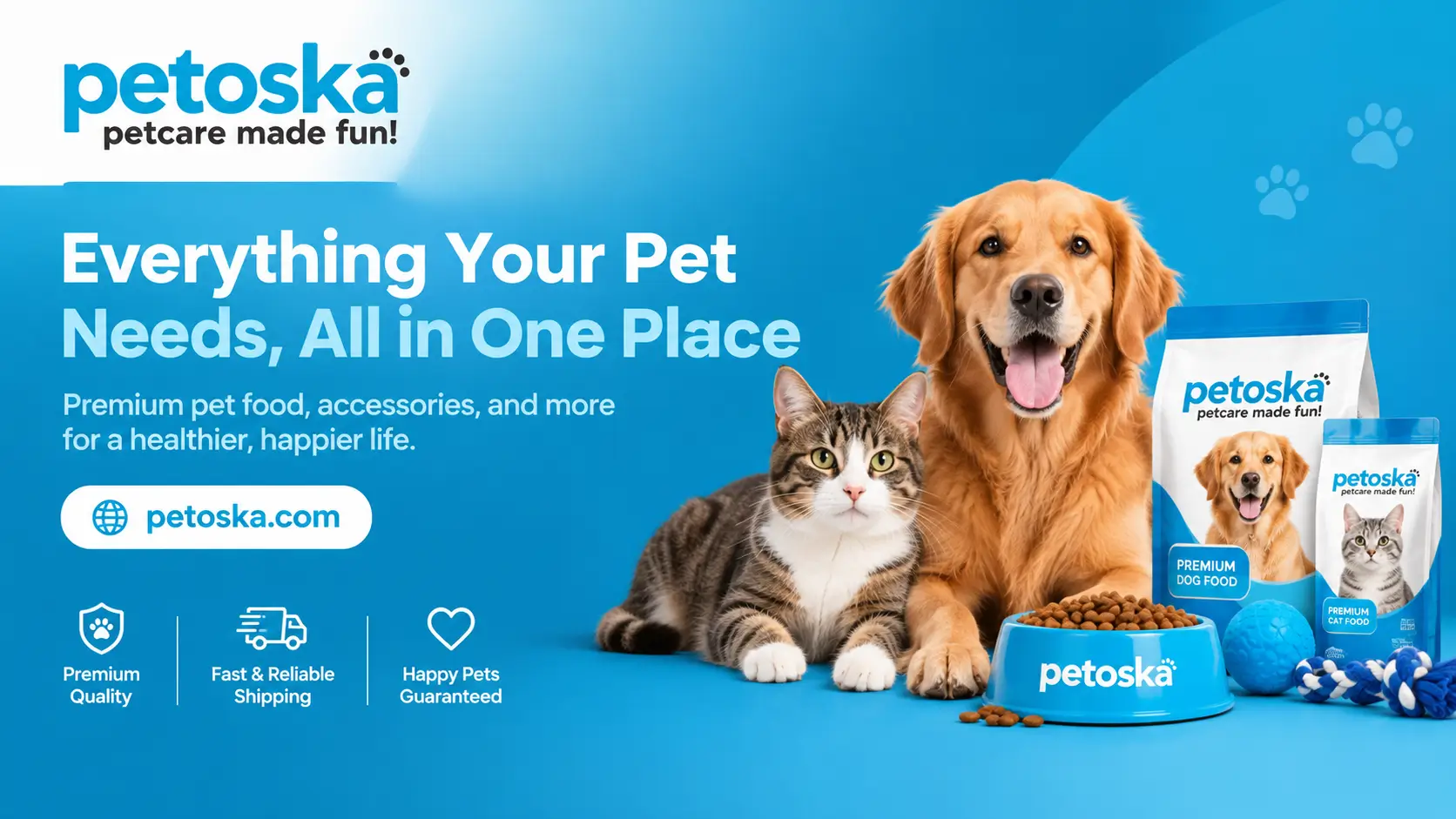 Petoska Pet Directory Banner Shows a dog and cat sitting beside Pet Food and Bowls in a beautiful blue background
