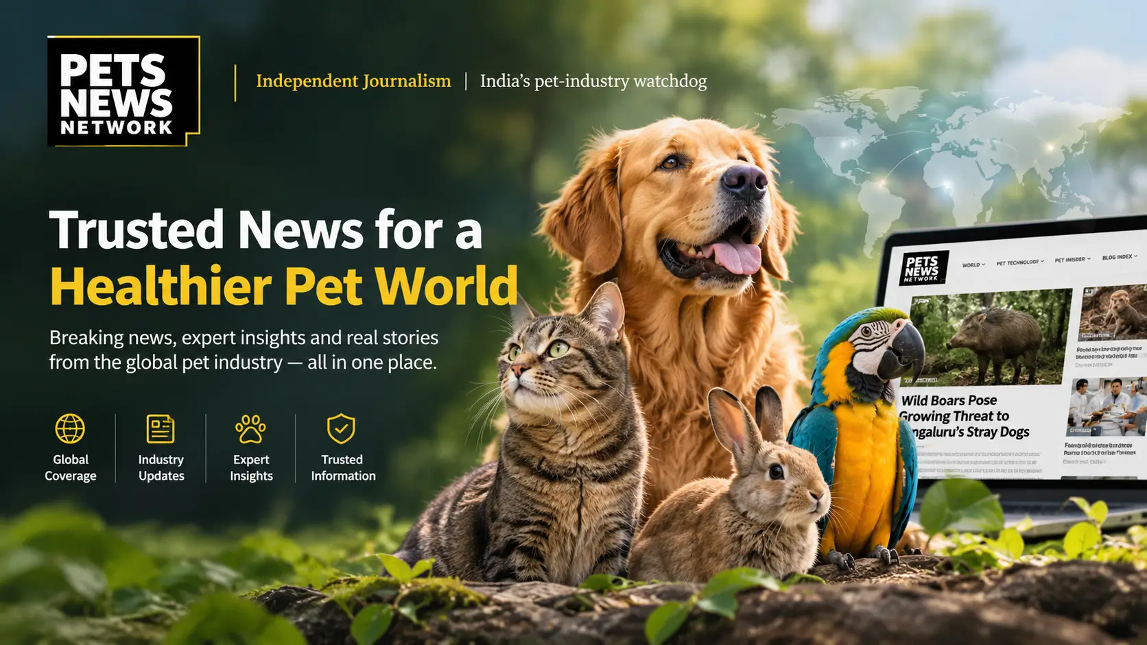 Pets News Network directory image showcasing a golden retriever, cat, rabbit, and parrot with global pet industry news and expert insights.