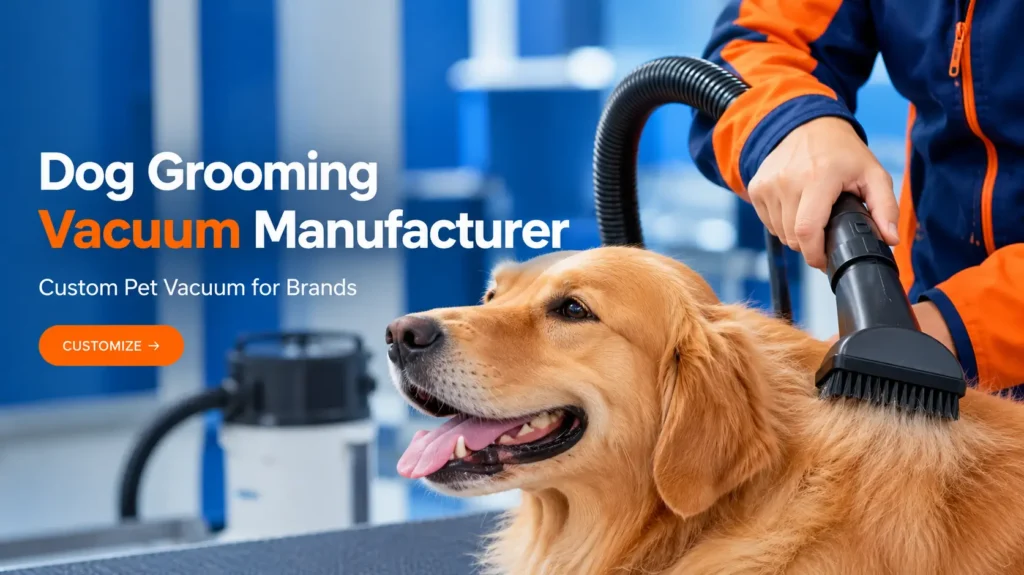 PetsJoy | Dog grooming vacuum manufacturer with a golden retriever, professional grooming equipment, and custom pet vacuum solutions for brands