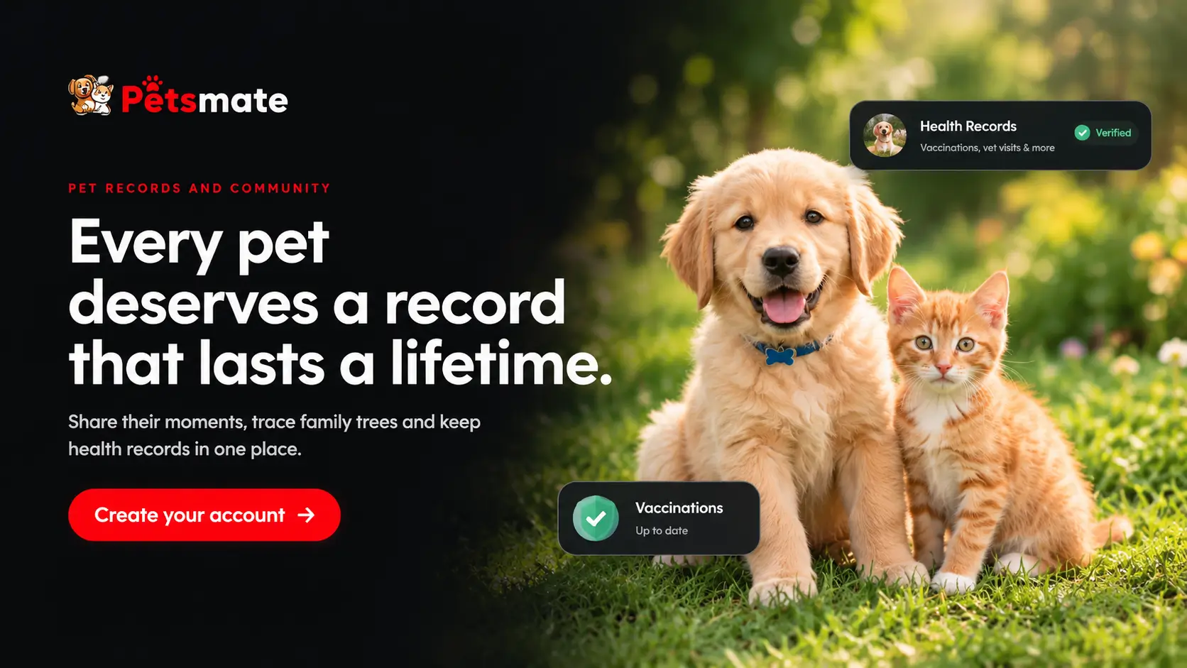Petsmate pet records and community platform featuring a golden retriever puppy and orange kitten with digital pet health records.