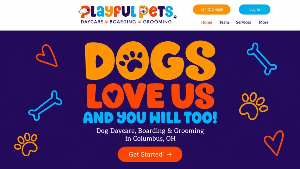 Playful Pets dog daycare, boarding, and grooming website homepage in Columbus, Ohio.