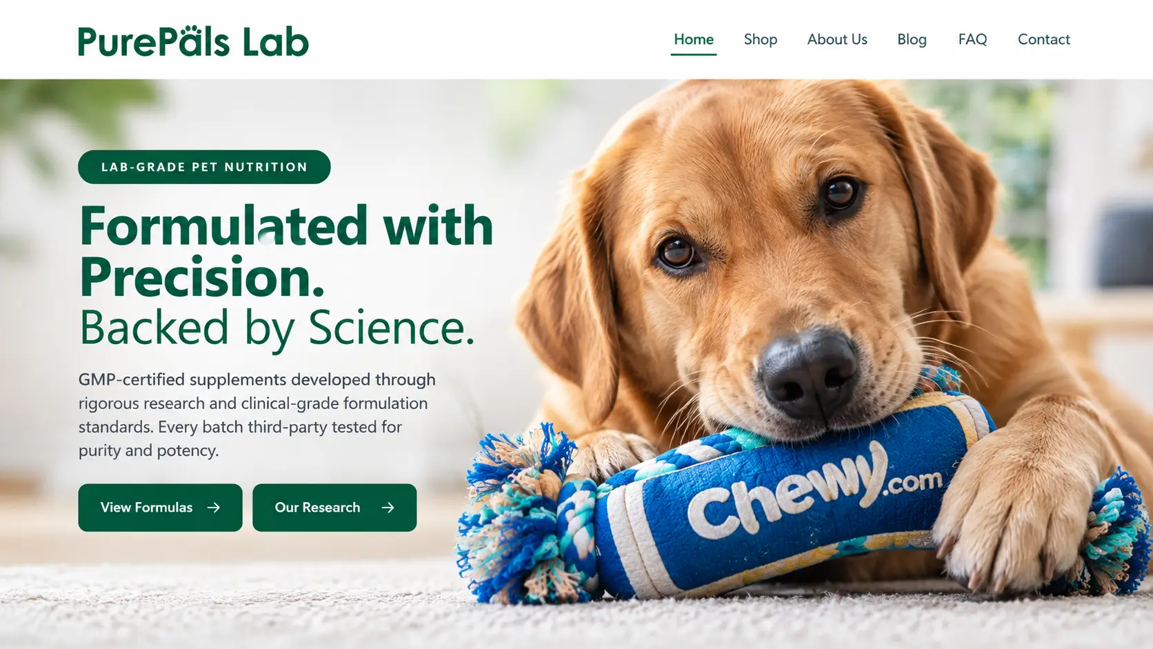 PurePalsLab pet nutrition supplements featuring science-backed formulations, a golden retriever, and premium pet wellness branding.