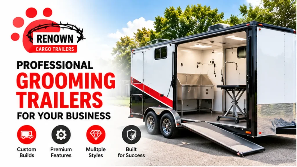 Renown Cargo Trailers professional pet grooming trailers featuring custom builds, premium equipment, and mobile grooming business solutions.