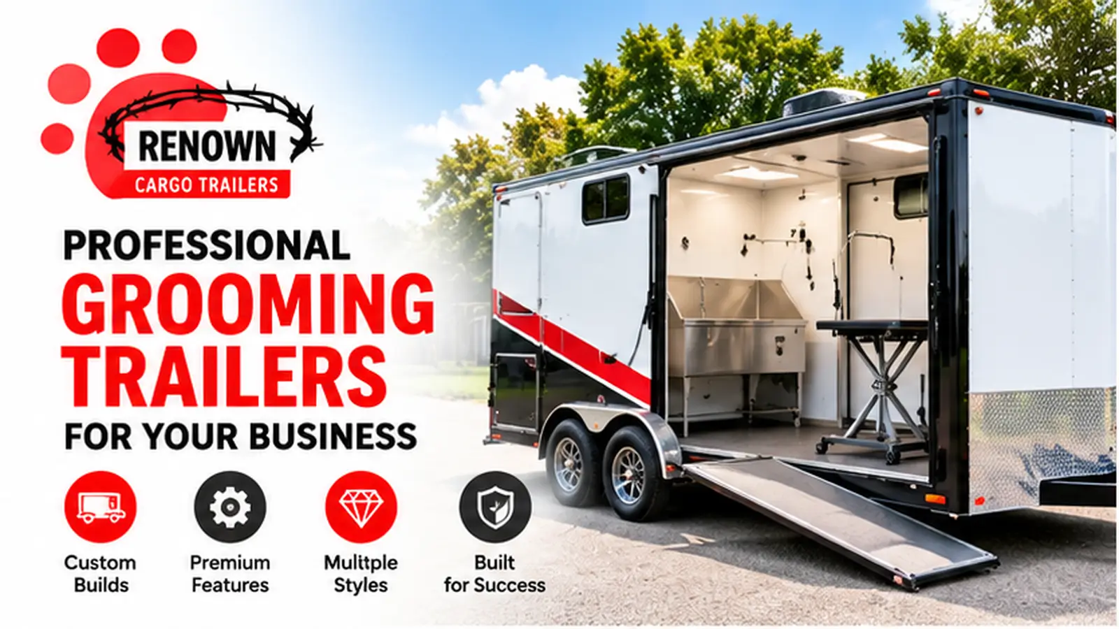 Renown Cargo Trailers professional pet grooming trailers featuring custom builds, premium equipment, and mobile grooming business solutions.