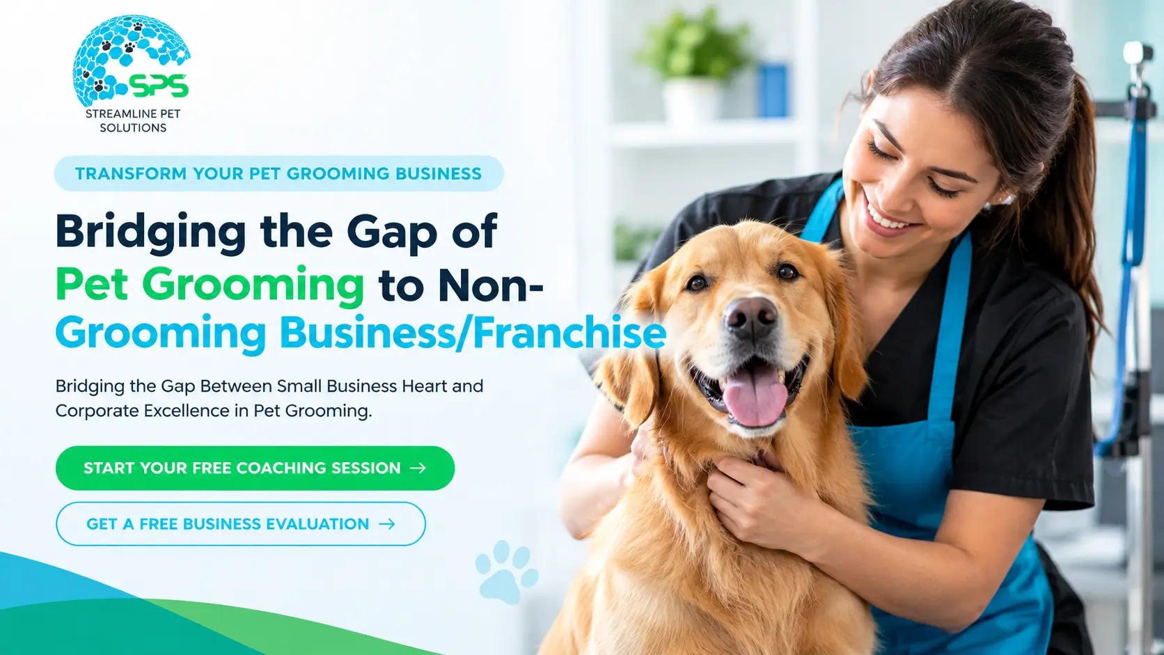 Streamline Pet Solutions website banner featuring a professional pet groomer with a happy Golden Retriever, promoting pet grooming business coaching and business evaluation services.