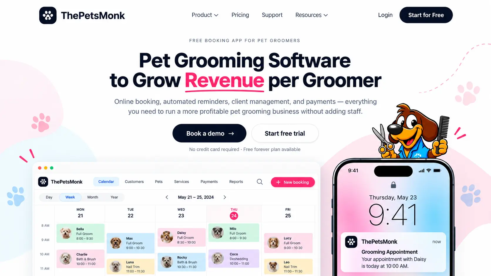 ThePetsMonk pet grooming software with online booking calendar, appointment scheduling, customer management, automated reminders, and mobile notifications for pet groomers.