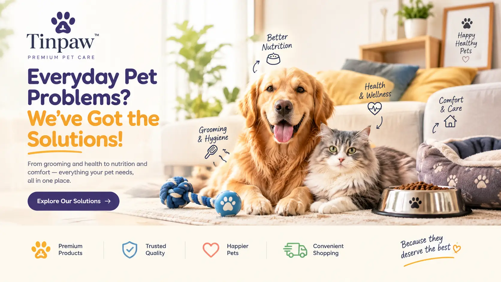 Tinpaw premium pet care and grooming services featuring a golden retriever enjoying a gentle bath with pet shampoo and professional grooming essentials.