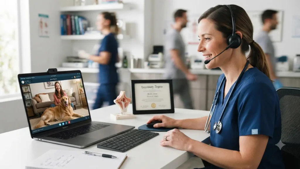 Veterinary Telemedicine consultation with a veterinarian assisting a pet owner through a video call.